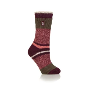 Ladies Original Nia Block Mix Stripe Socks – Cabernet, Coral & Khaki