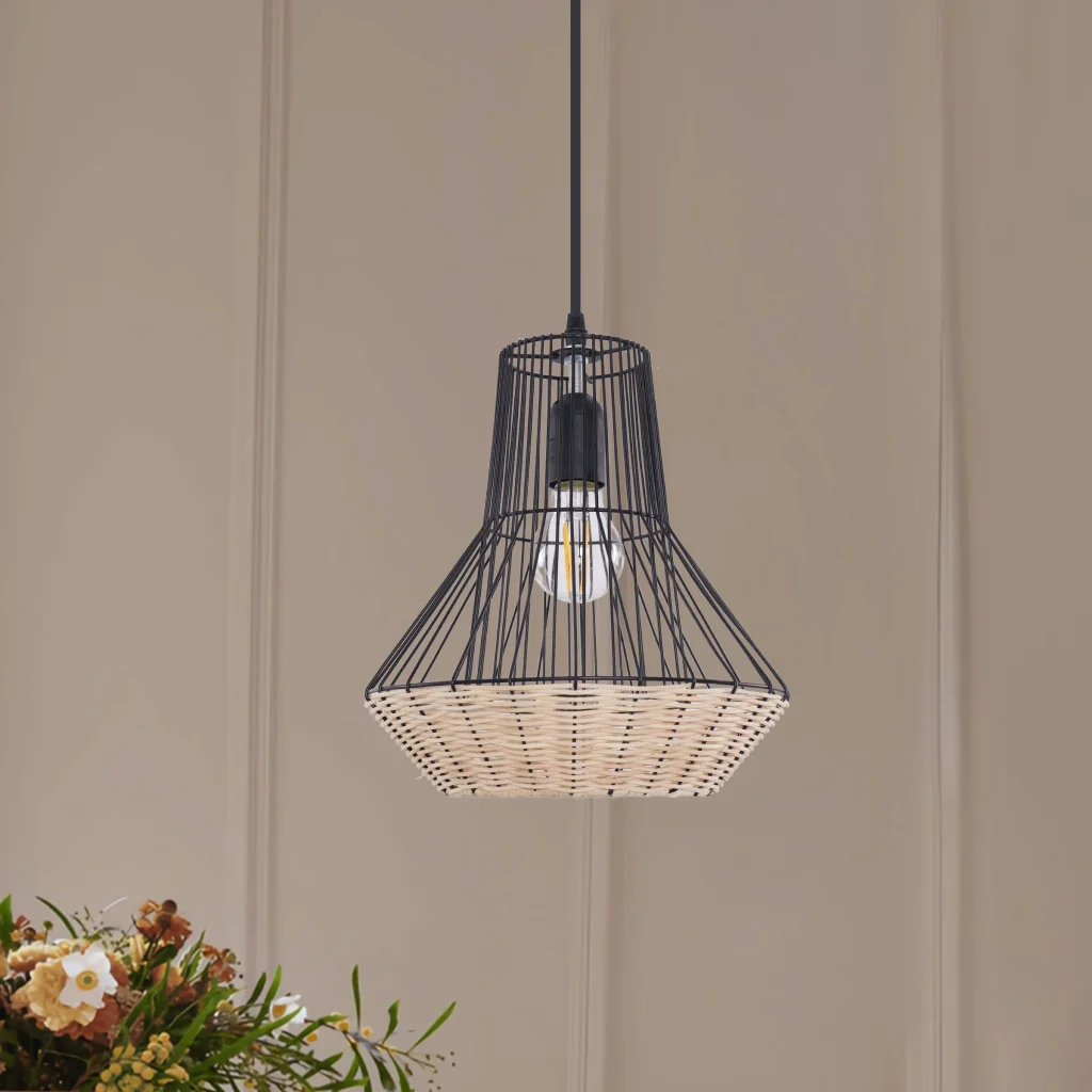 Lightsin Geometric Rattan and Iron Pendant Light for Dining, Kitchen, and Living Rooms