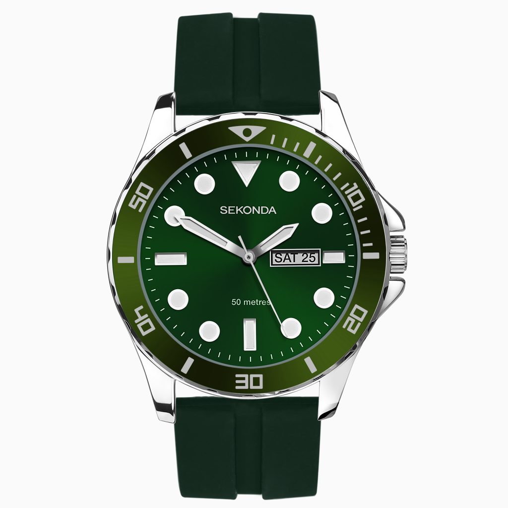Sekonda Sekonda Balearic Men’s Watch | Silver Alloy Case & Green Rubber Strap with Green Dial | 30119