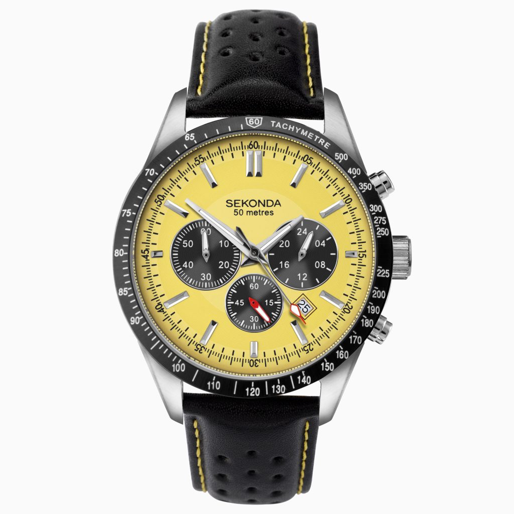 Sekonda Sekonda Velocity Chronograph Men’s Watch | Silver Case & Leather Strap with Yellow Dial | 1395